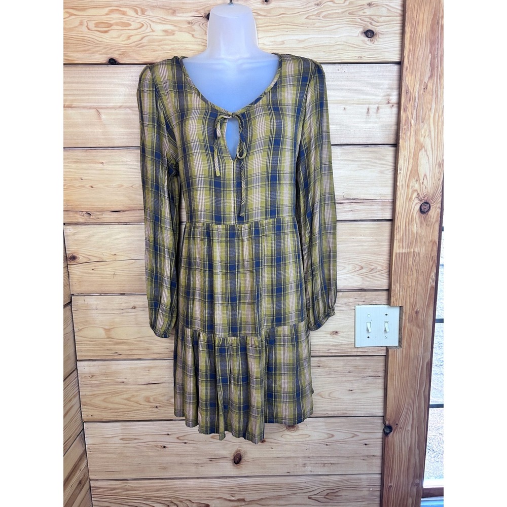 Abound Plaid Tiered Mini Dress Mustard Yellow Blue Pink Long Sleeve Large